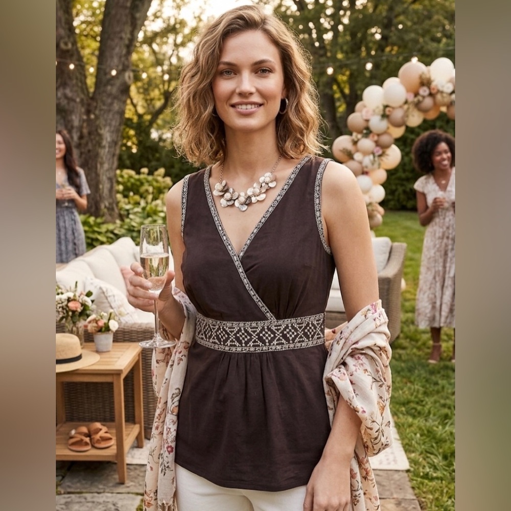 Ann Taylor Brown Embroidered Sleeveless Top Small